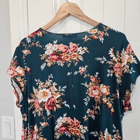 Vibe Floral Keyhole Swing Dress Womens Size 2X Green Boho Flowing Stretch Casual - Picture 7 of 11